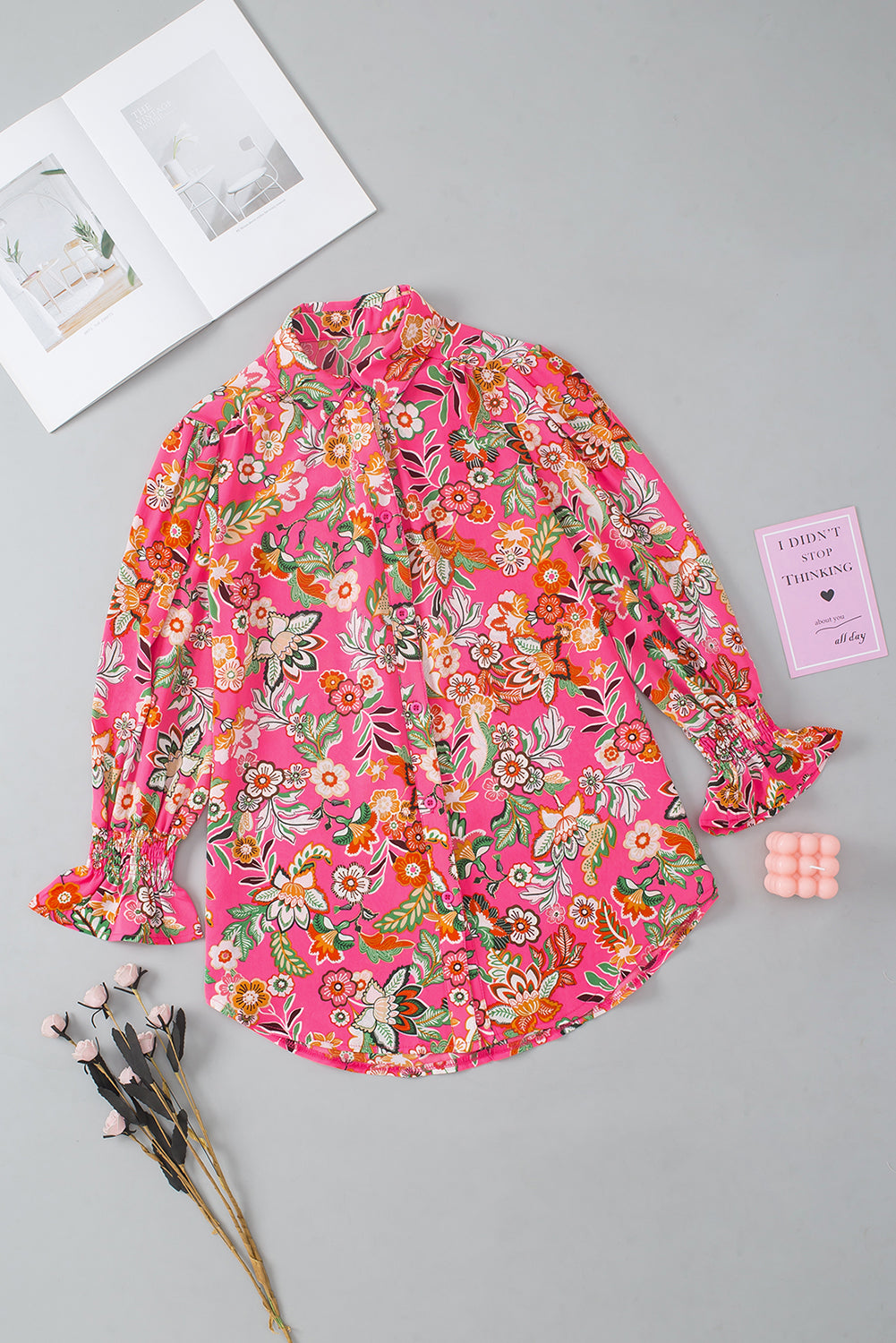 Floral Print Smocked Cuff Puff Sleeve Shirt | Strawberry Pink