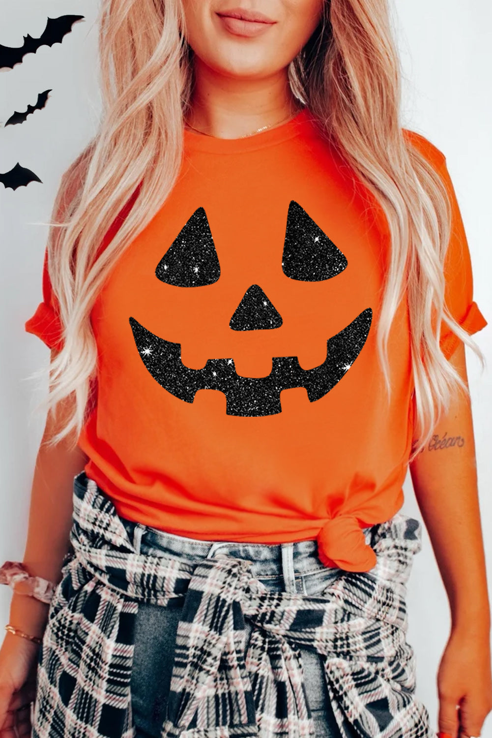 Orange Glittering Pumpkin Face Graphic Crewneck T Shirt