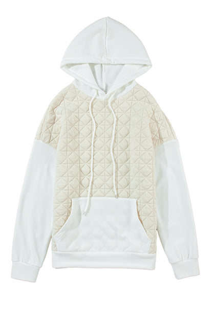 Drop Shoulder Quilted Patchwork Kangaroo Pocket Hoodie | Beige