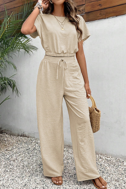 Crinkled Elastic Hem Crop Tee And Wide Leg Pants Set | Beige