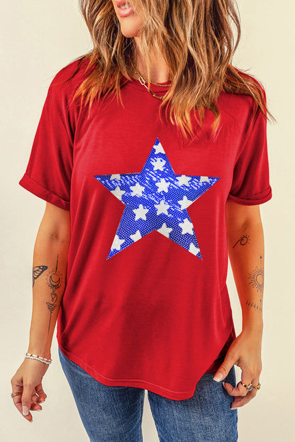 Sequin Star Graphic Crewneck T Shirt | Red