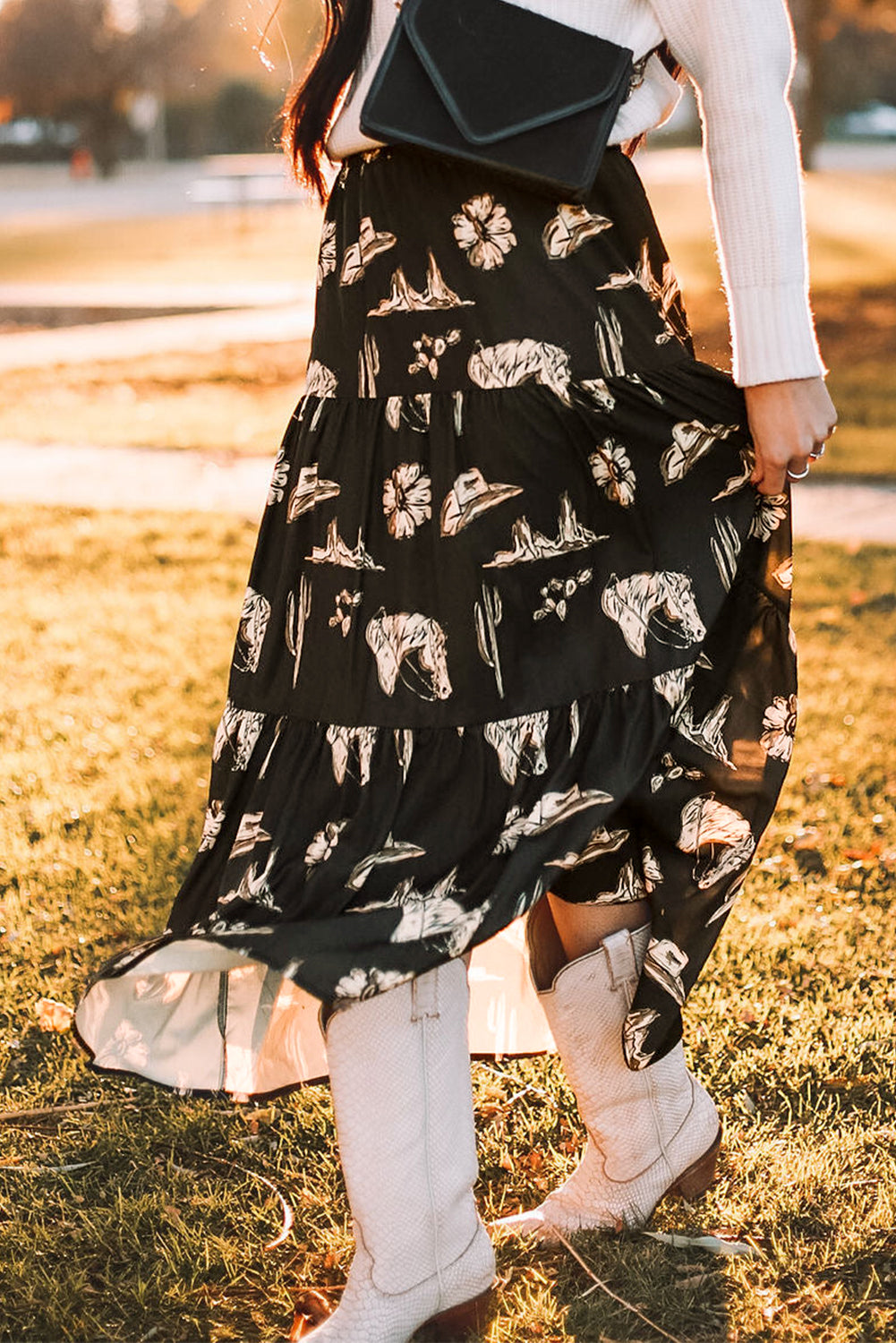 Western Print Tiered Ruffled High Waist Maxi Skirt | Black