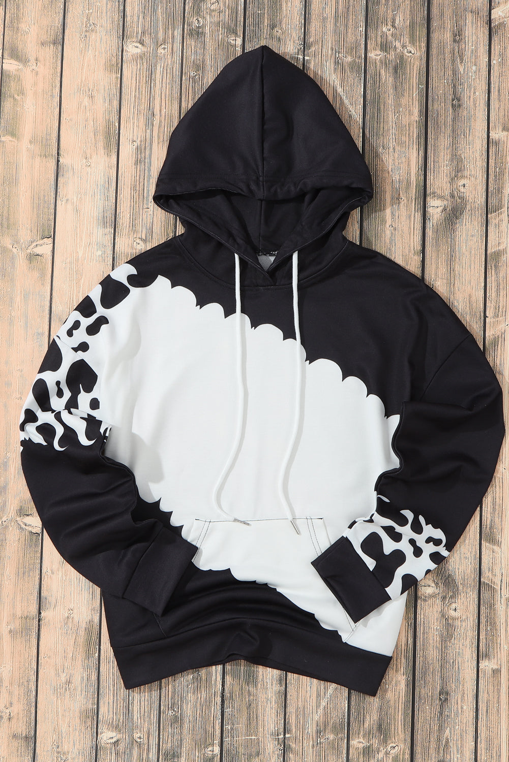 Cow Tie Dye Print Pocketed Drawstring Pullover Hoodie | Black