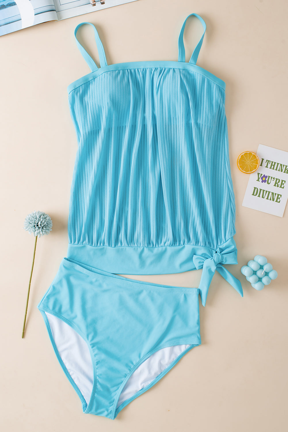 Striped Mesh Knotted Hem Tankini Swimsuit | Turquoise