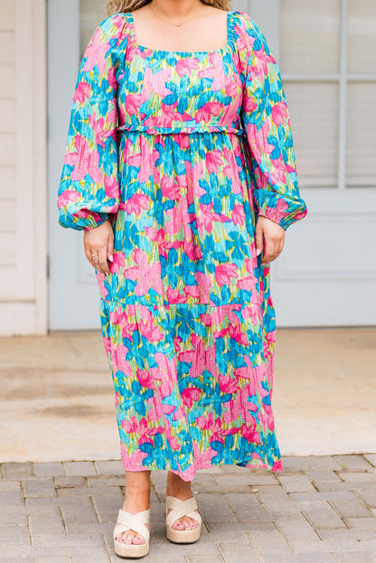 Floral Allover Print Shirred Square Neck Plus Size Maxi Dress | Sky Blue