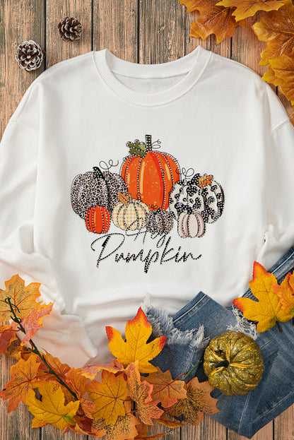 Rhinestone Pumpkin Graphic Crewneck Thanksgiving Sweatshirt | Beige