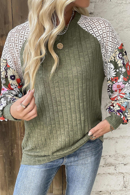 Floral Patchwork Long Sleeve Ribbed Blouse | Laurel Green