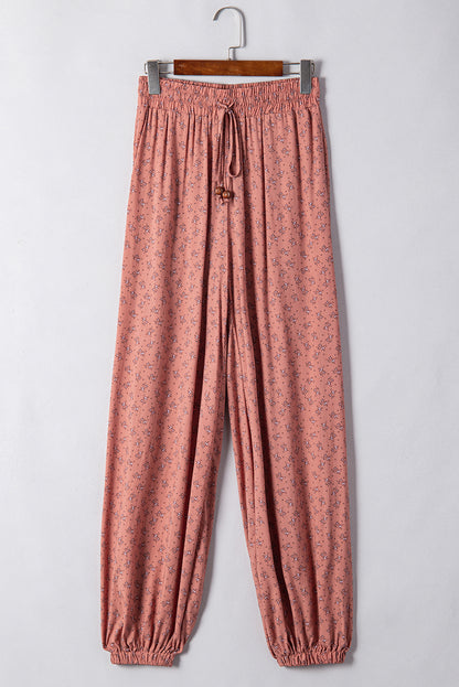 Boho Floral Printed Wide Leg Jogger Pants | Pink