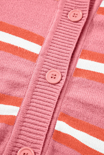 Drop Shoulder Buttons Cardigan Sweater | Pink Stripe