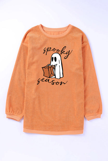 Spooky Season Ghost Print Ribbed Pullover Sweatshirt | Orange