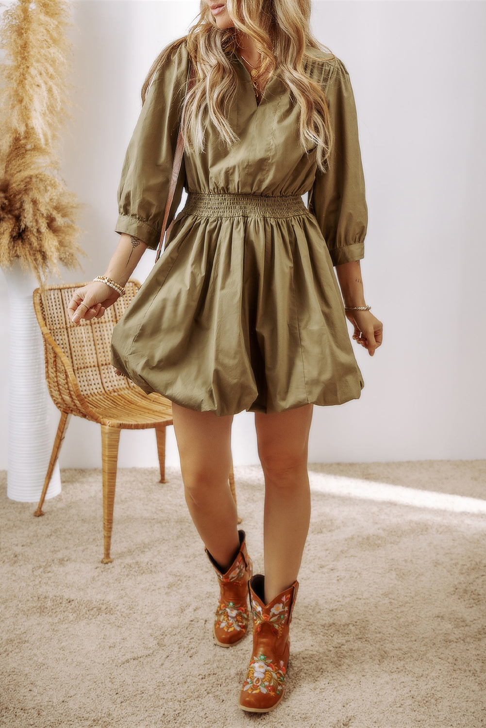 Collared V Neck Smocked High Waist Mini Dress | Guacamole Green