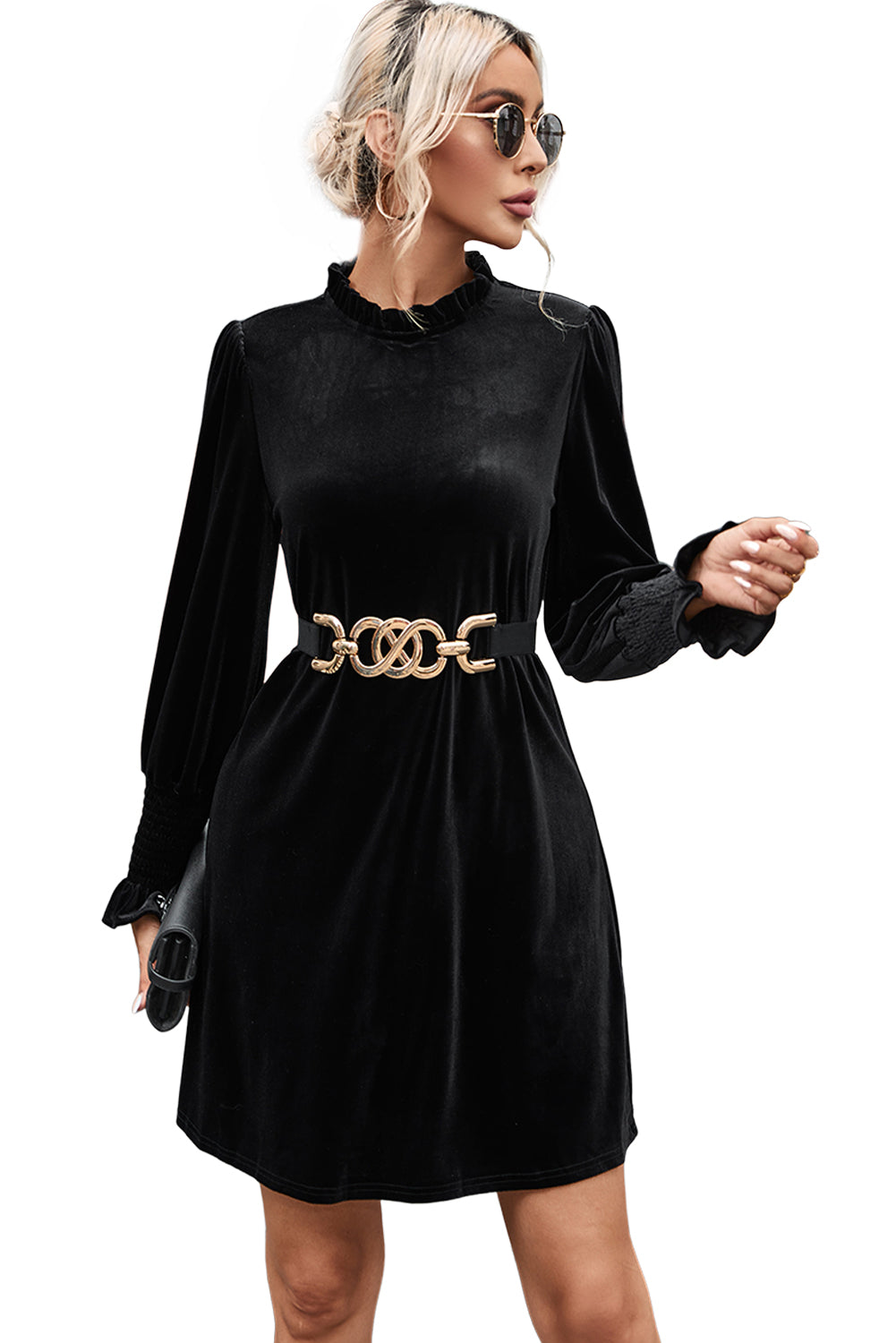 Velvet Frill Neck Long Sleeve Shift Dress | Black