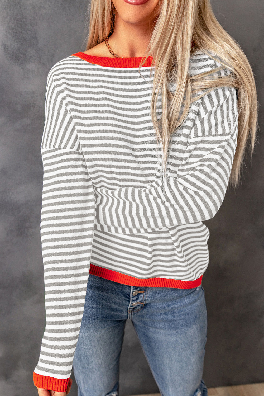 Contrast Trimmed Striped Drop Shoulder Sweater | Gray