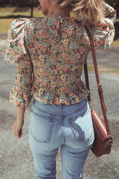 Floral Print Smocked Bubble Sleeve Ruffled Crop Top | Yellow