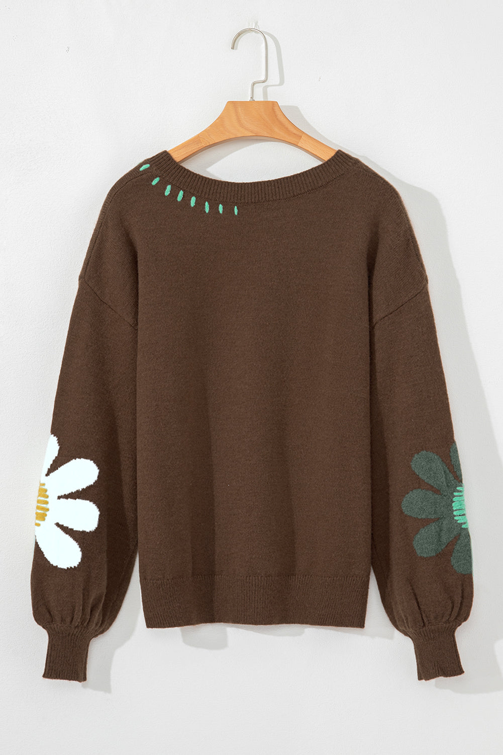 Big Flower Pattern V Neck Drop Shoulder Sweater | Coffee