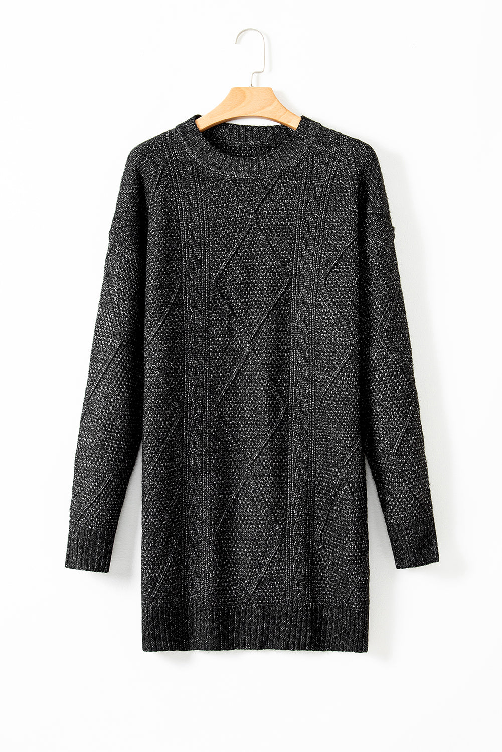 Cable Knit Drop Shoulder Loose Fit Sweater Dress | Black