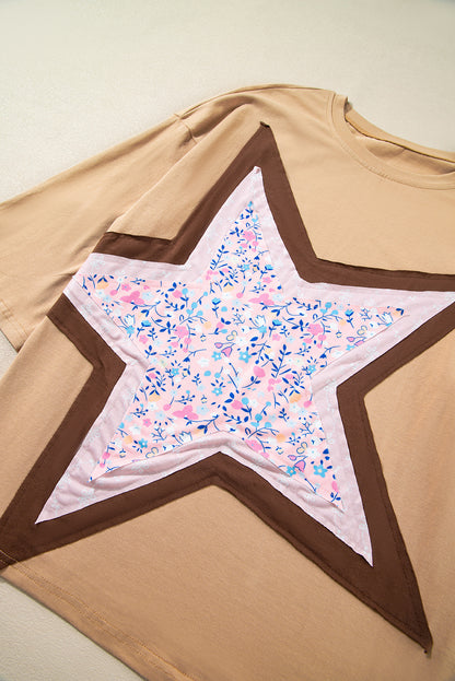 Floral Star Patchwork 3/4 Long Sleeve Top | Camel