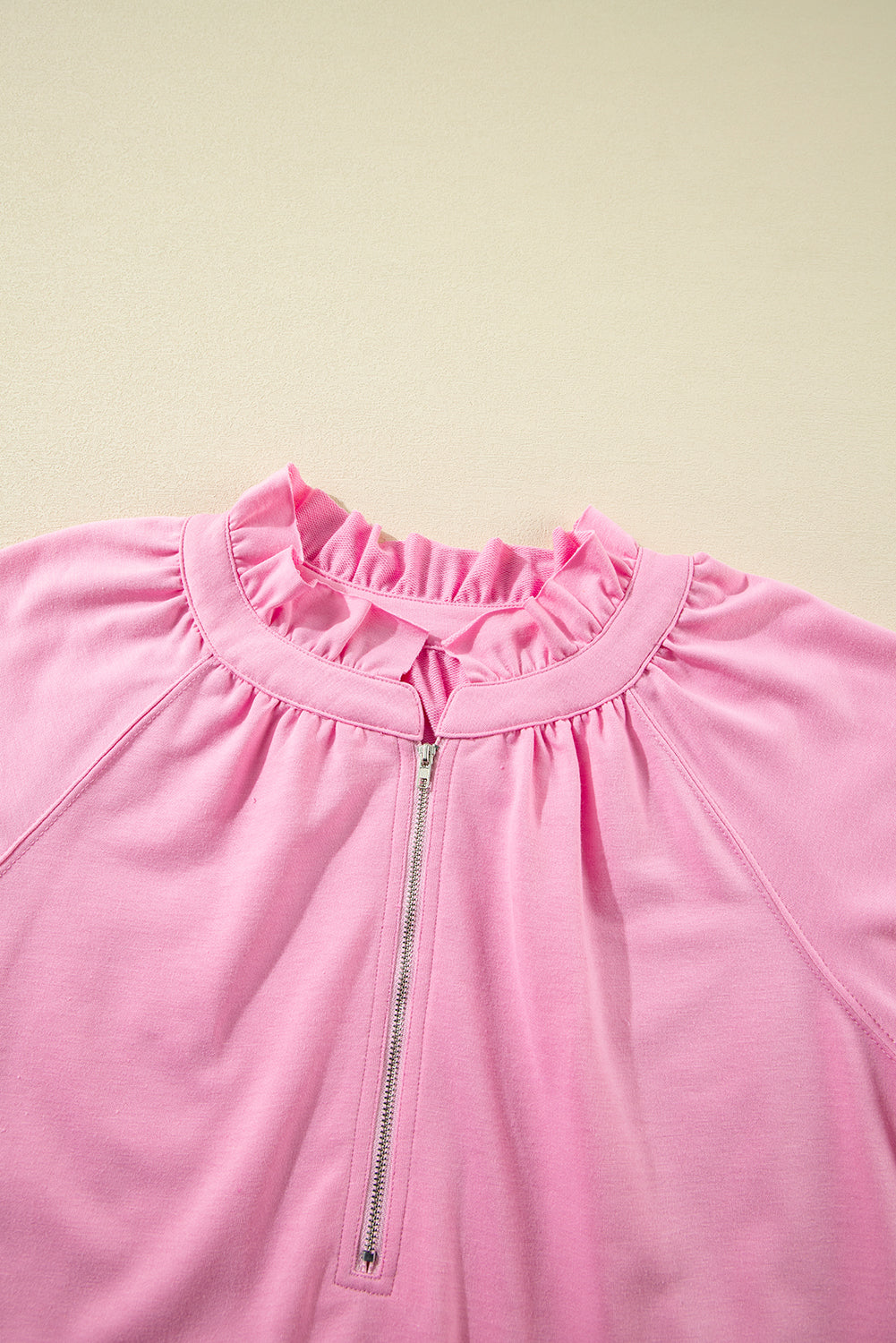 Half Zip Puff Sleeve Top And Ruffled Shorts Set | Pink