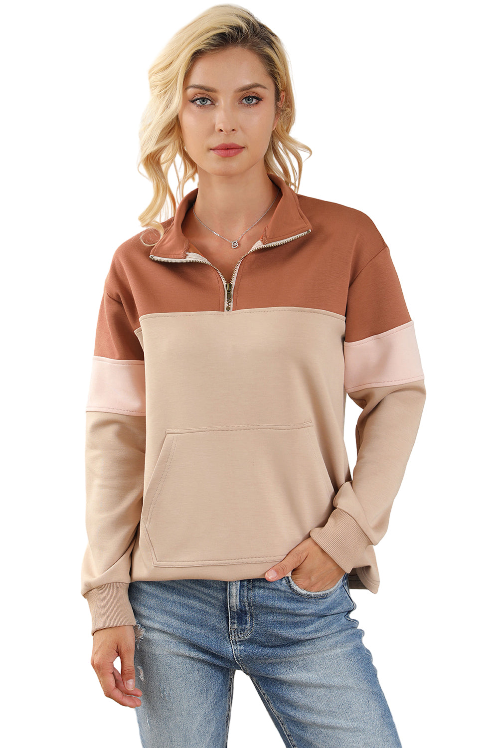 Colour Block Zip Mock Neck Pocketed Sweatshirt | Khaki