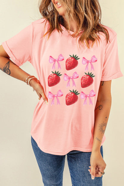 Strawberry & Bowknot Graphic T Shirt | Pink