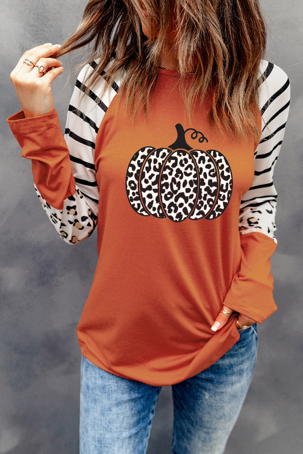 Orange Leopard Pumpkin Graphic Contrast Long Sleeve Top