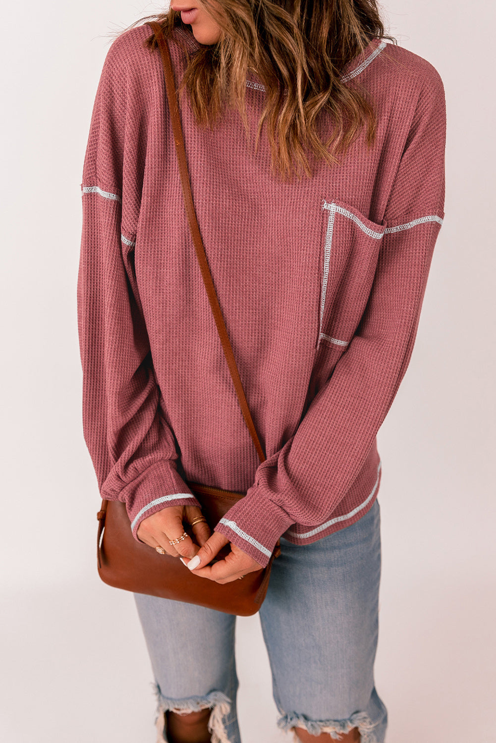 Contrast Stitching Trim Waffle Knit Pullover | Red