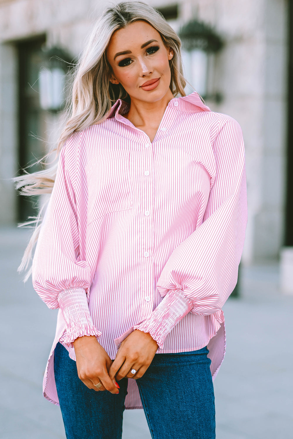 Smocked Cuffed Striped Boyfriend Shirt With Pocket | Pink