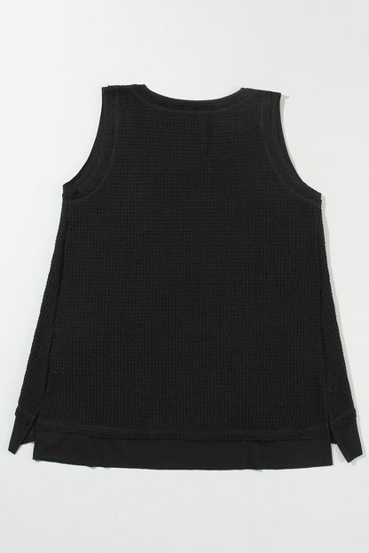 Scoop Neck Waffle Knit Flowy Vest | Black