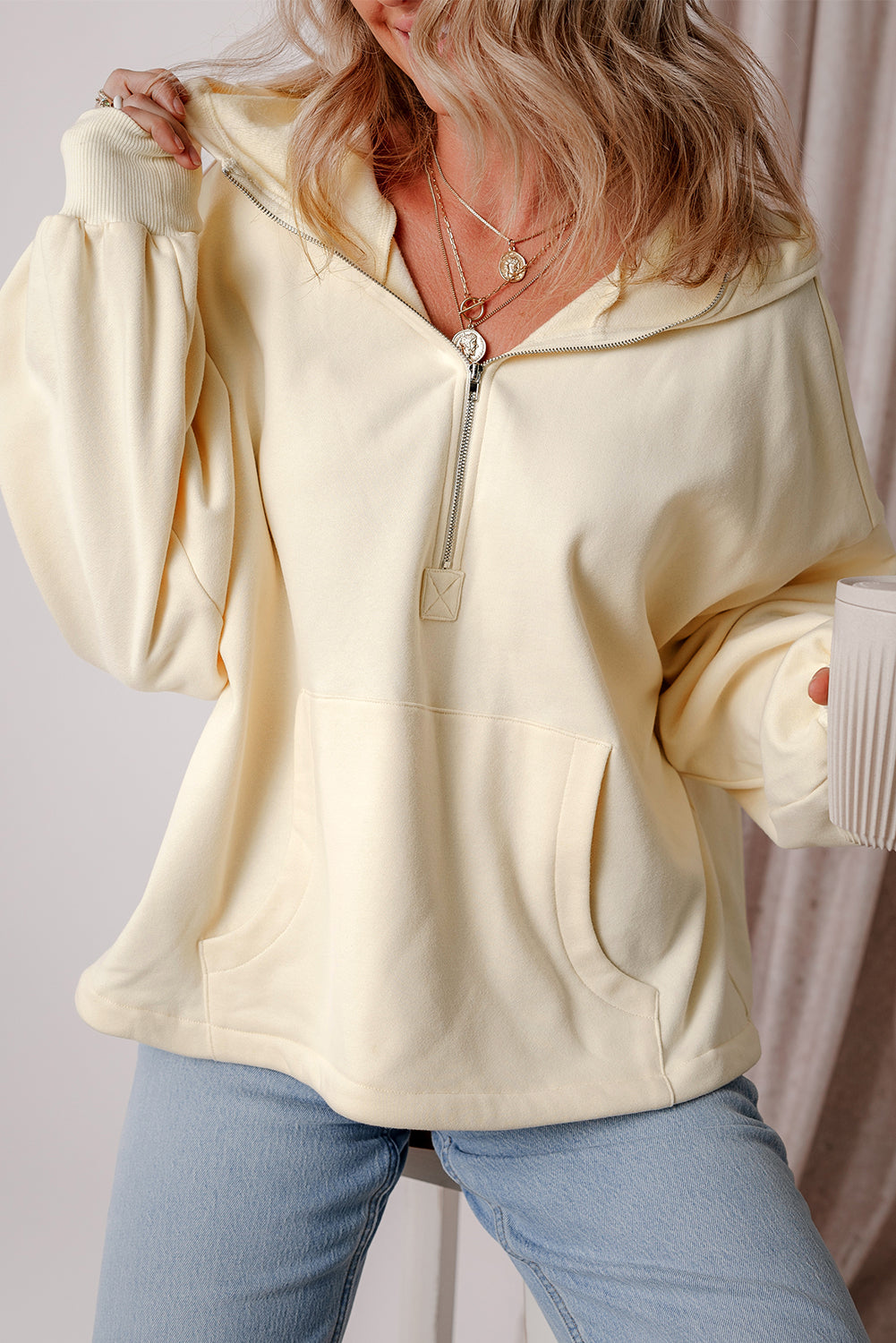 Fleece Lined Half Zipper Kangaroo Pockets Loose Hoodie | Beige