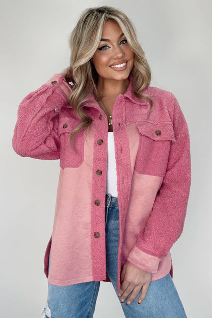 Colourblock Buttoned Flap Pocket Sherpa Shacket | Pink