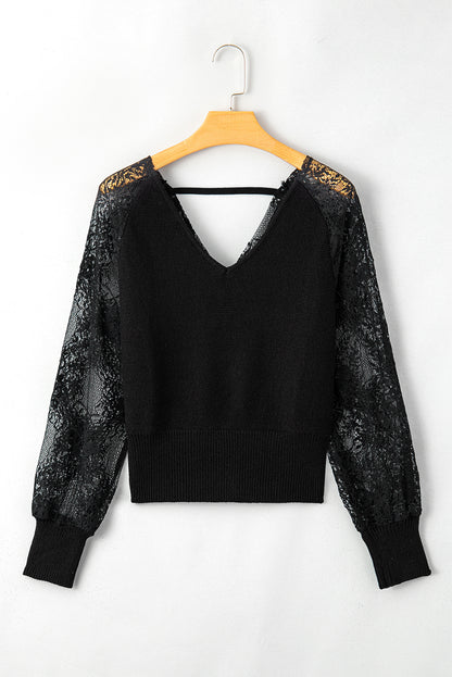 V-Neck Lace Sleeve Pullover Sweater | Black