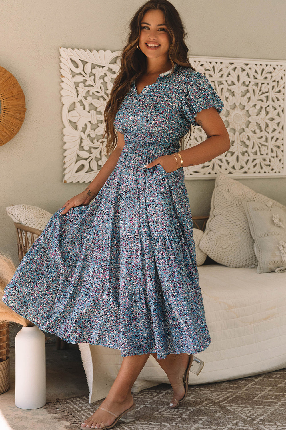 Printed V Neck Shirred Short Puff Sleeve Maxi Dress | Blue