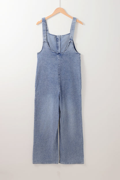 Washed Denim Half Buttons Patched Pocket Wide Leg Overalls | Stone Blue