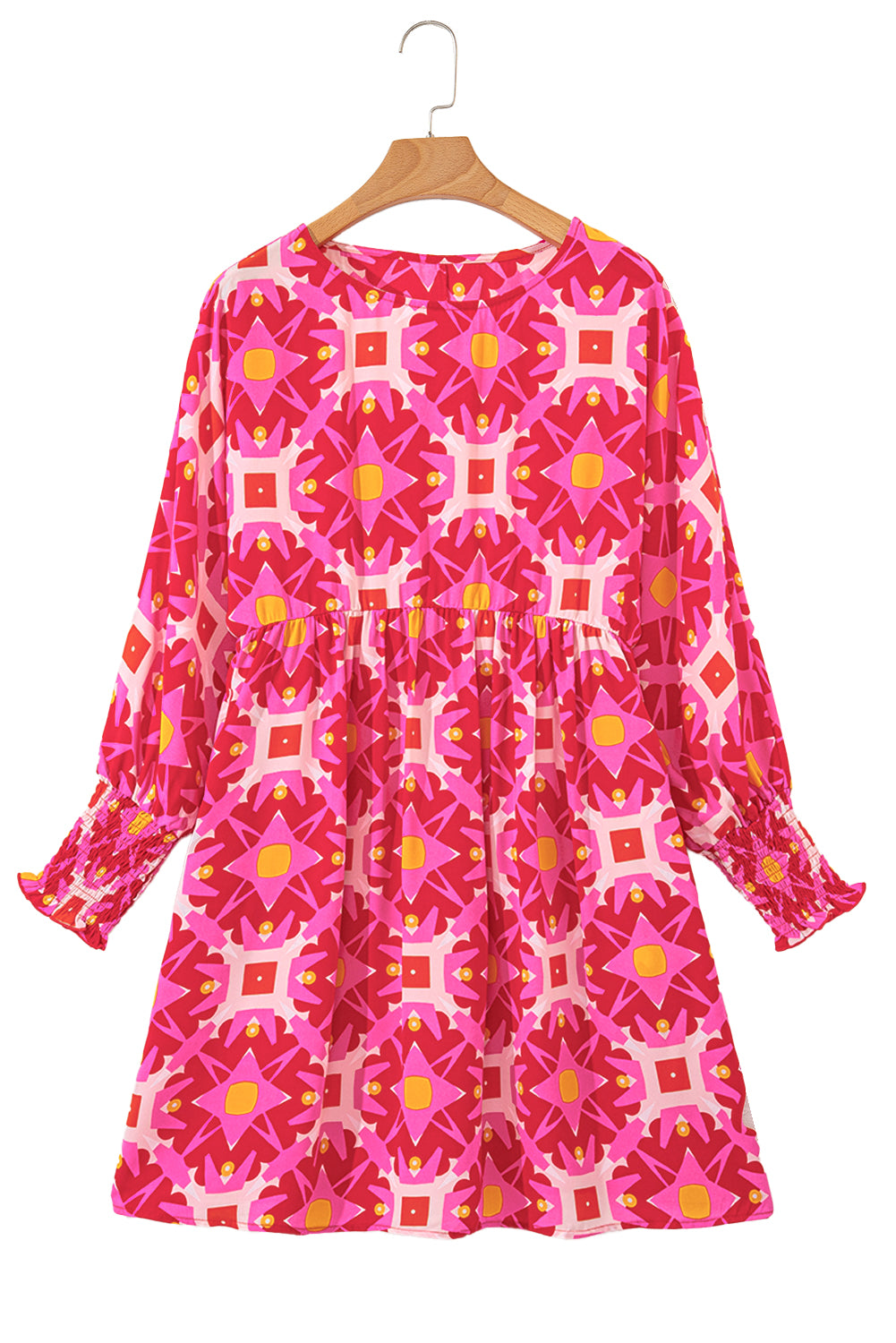 Geometric Print Smocked Long Sleeve Mini Dress | Strawberry Pink