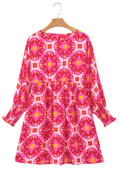 Geometric Print Smocked Long Sleeve Mini Dress | Strawberry Pink