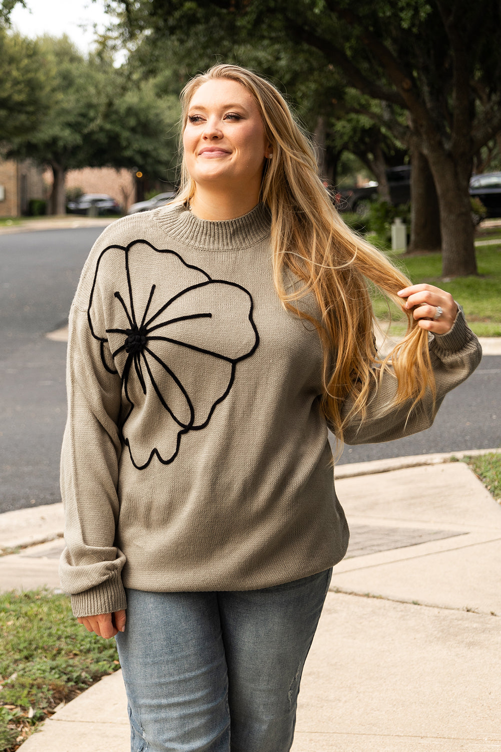 Dark Khaki Plus Size Big Flower Pattern High Neck Drop Shoulder Sweater