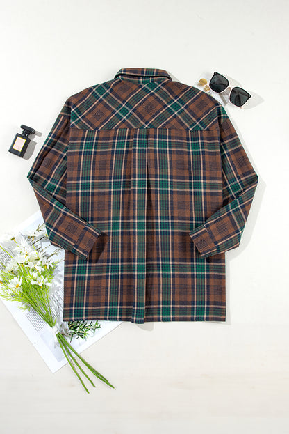 Plaid Print Chest Pockets Buttoned Shirt Jacket | Brown