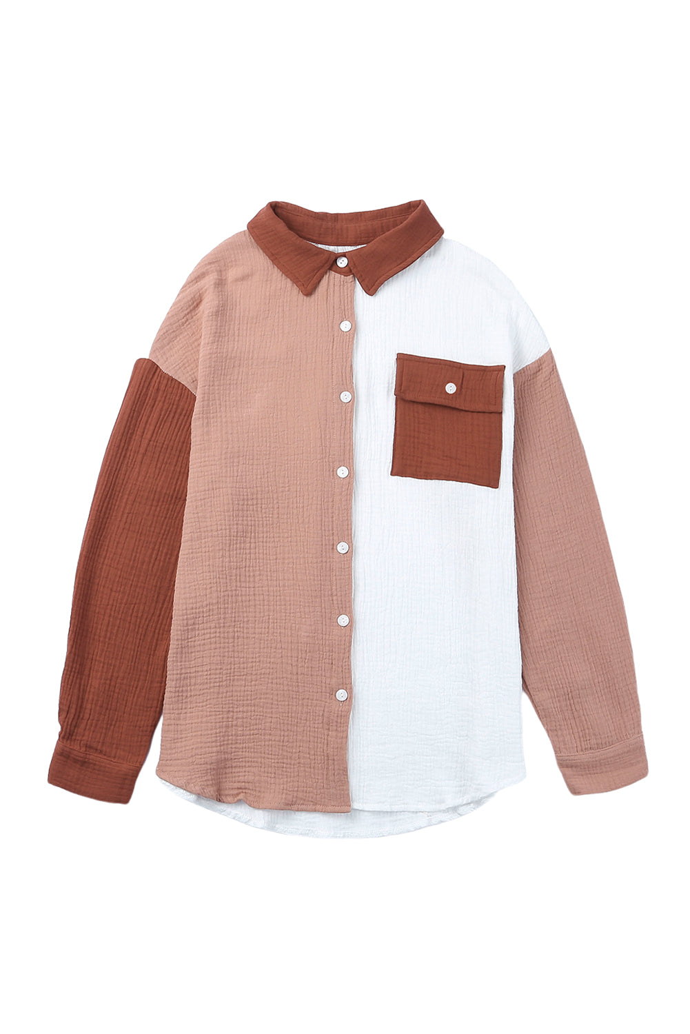 Colour Block Textured Long Sleeve Shirt With Pocket | Brown