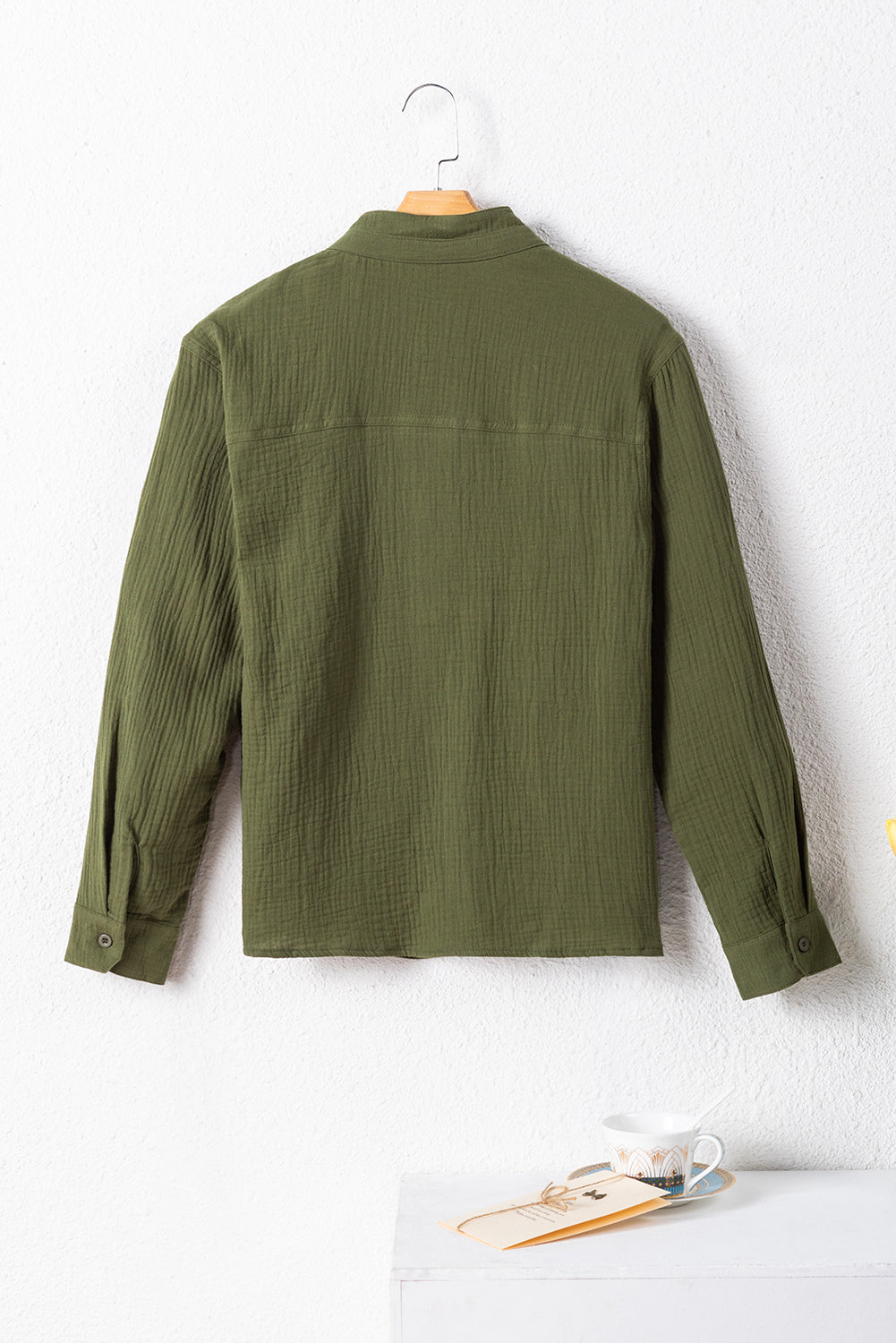 Crinkle Textured Button Up Long Sleeve Shirt | Jungle Green