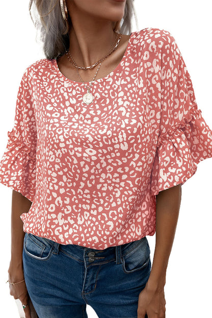 Leopard Spotted Ruffle Sleeve T-Shirt | Pink