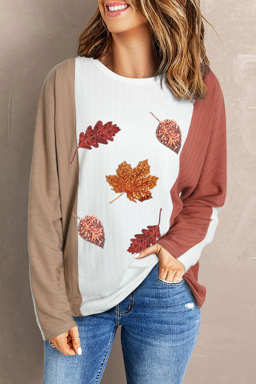 Thanksgiving Sequin Fall Leaves Graphic Colourblock Ribbed Knit Top | Apricot