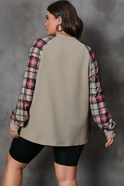 Plus Size Plaid Raglan Sleeve Crew Neck Sweatshirt | Apricot