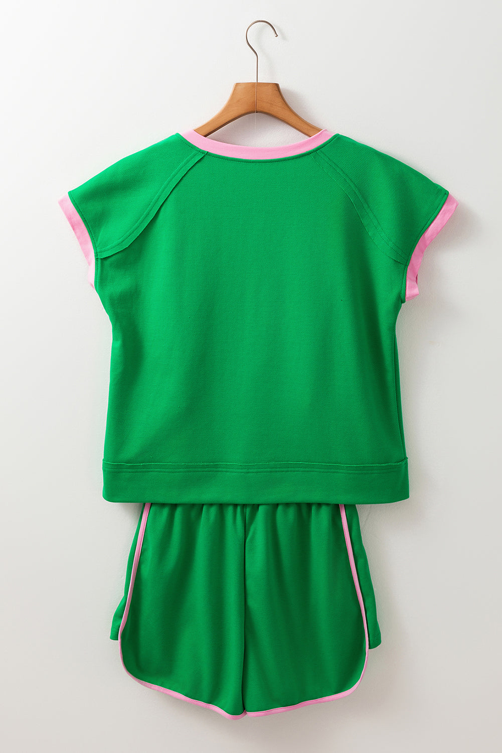 Two Tone Contrast Textured Crewneck Tee And Shorts Set | Bright Green