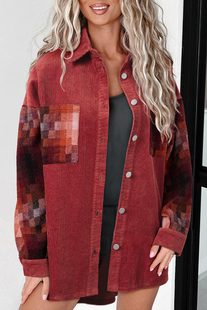 Checker Patchwork Raw Edge Oversized Corduroy Jacket | Gold Flame