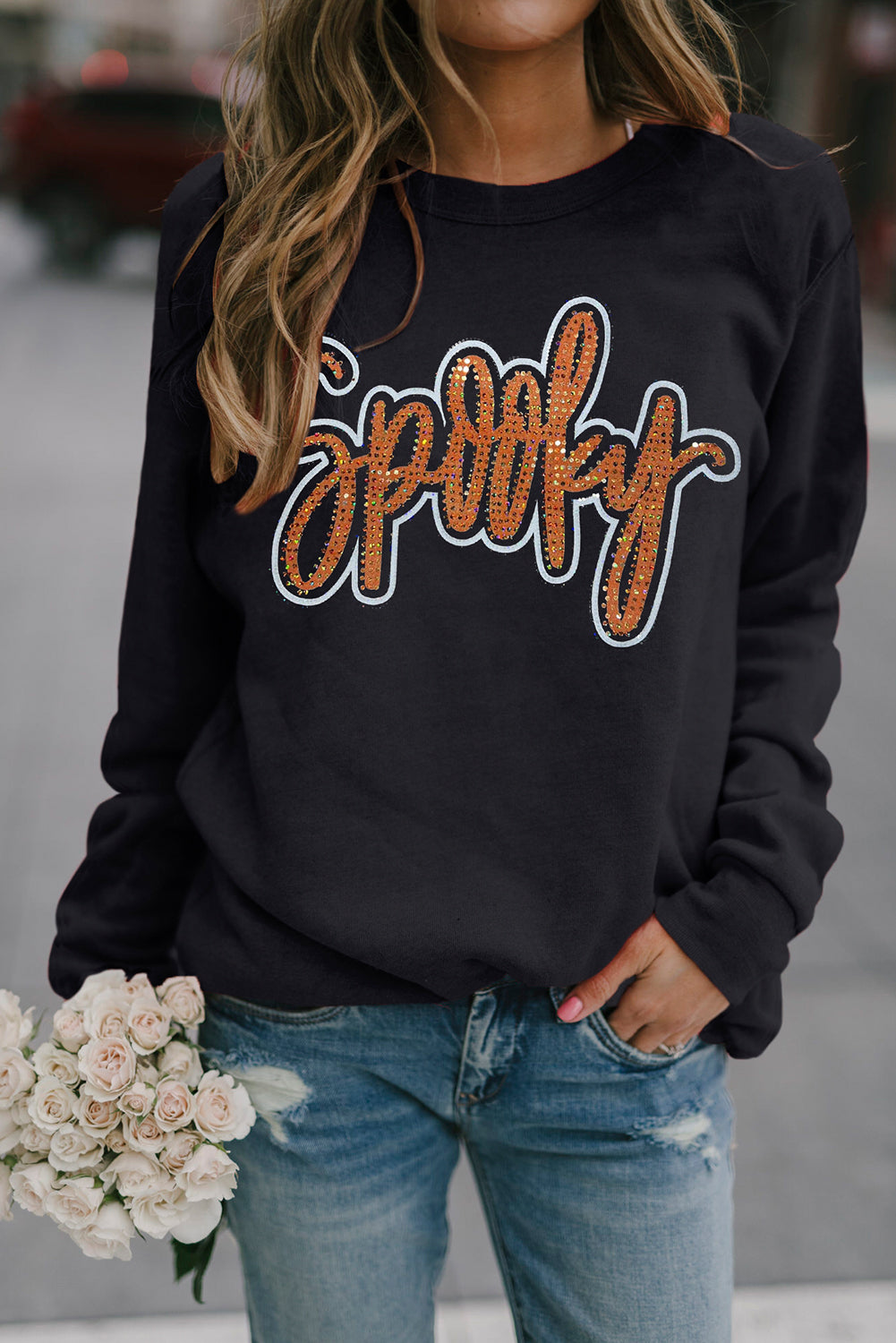 Spooky Rhinestone Drop Shoulder Graphic Sweatshirt | Black