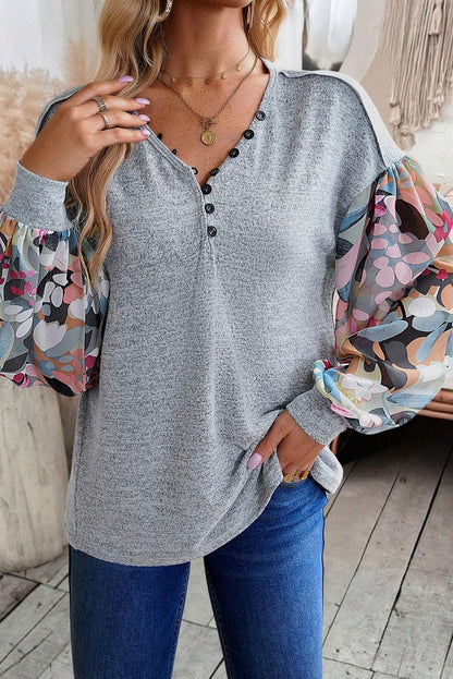 Floral Lantern Sleeve Patchwork Buttoned V Neck Top | Gray