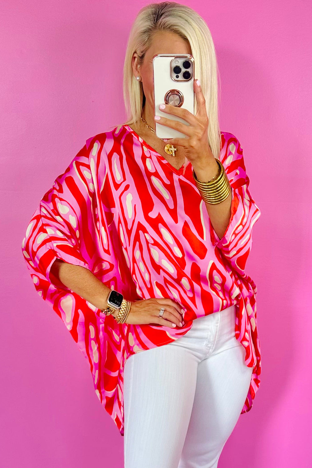 Abstract Print V Neck Batwing Sleeve Oversized Blouse | Red