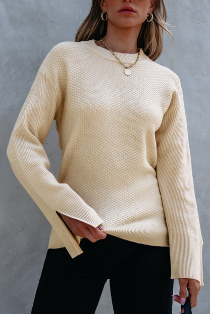 Solid Textured Knit Split Cuff Drop Shoulder Loose Sweater | Parchment