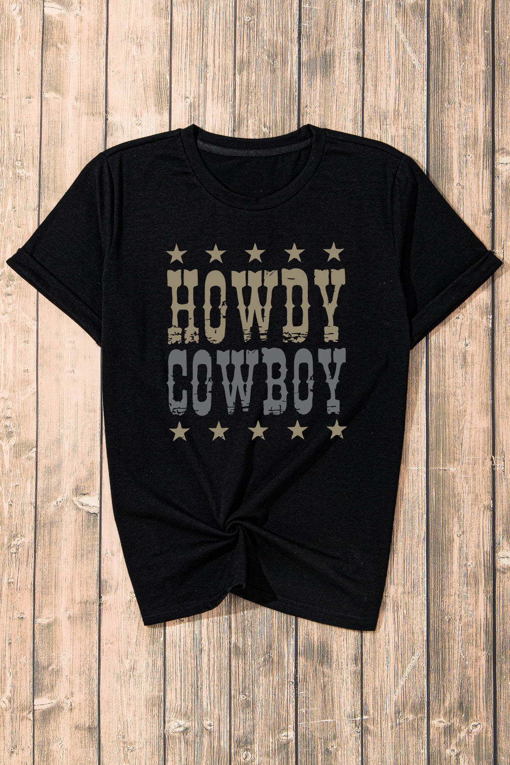 Howdy Cowboy Star Print Crew Neck Loose T Shirt | Black