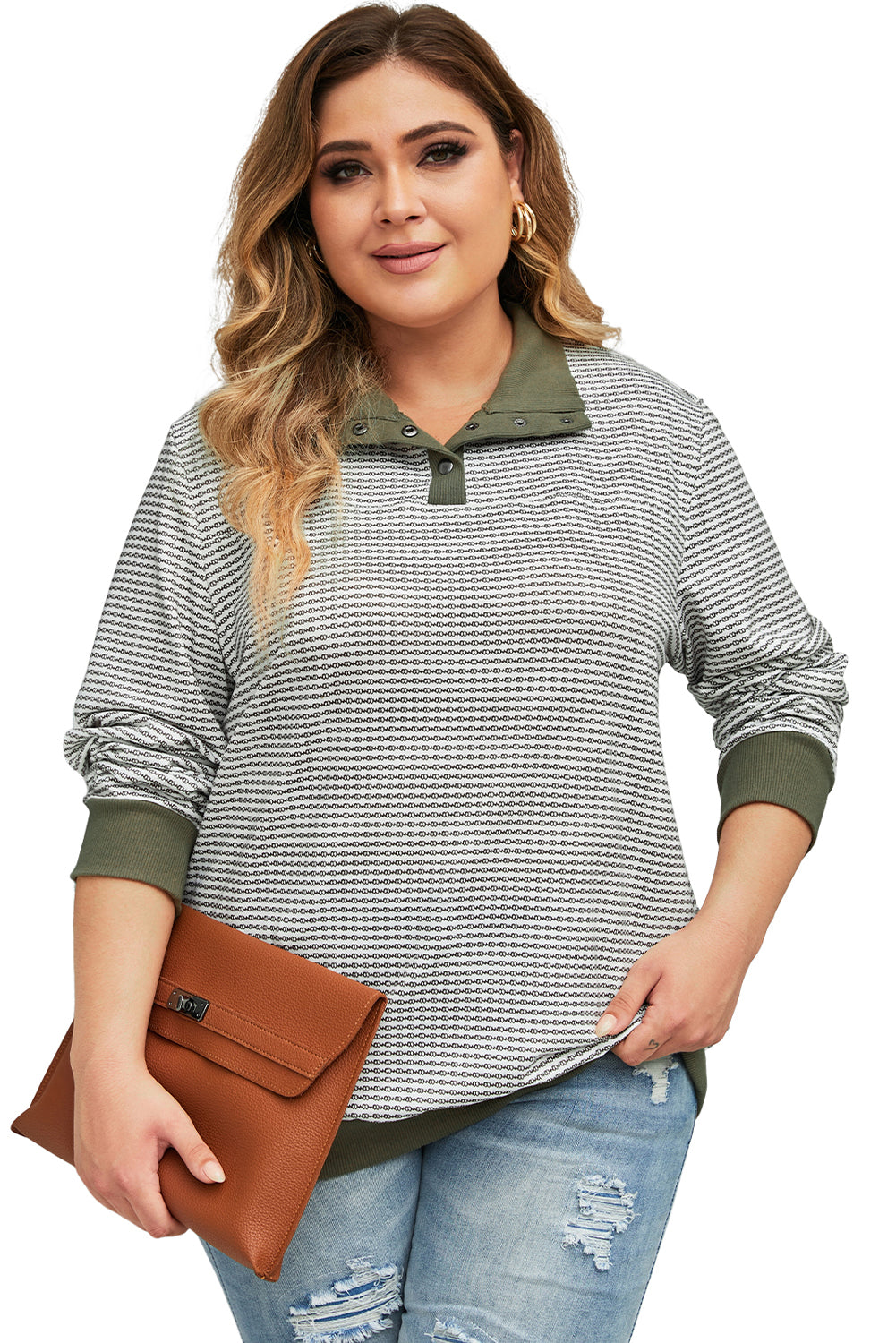 Striped Contrasting Trim Plus Size Henley Pullover | Green